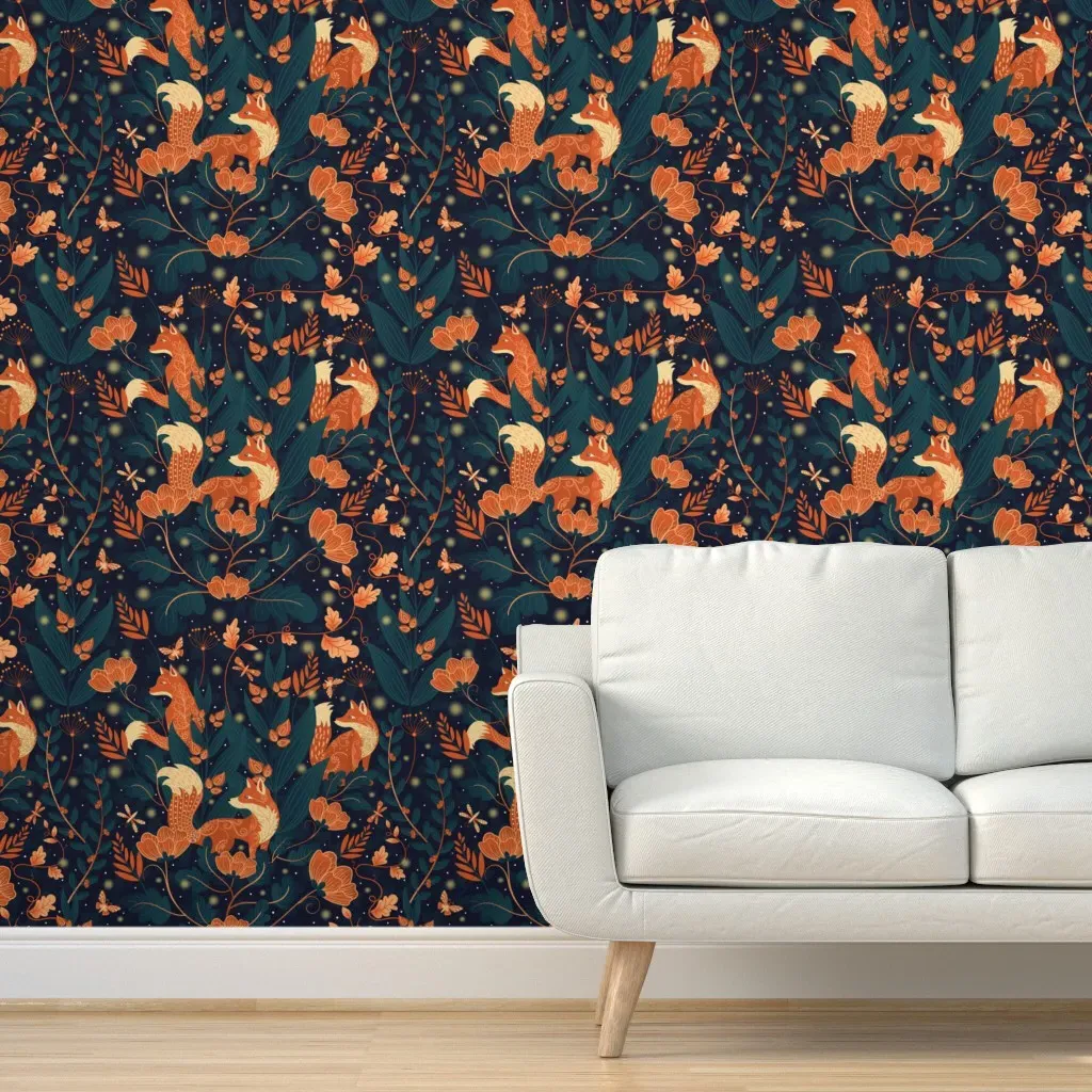 Night Foxes Whimsical Garden Peel and Stick Wallpaper - Blue product
