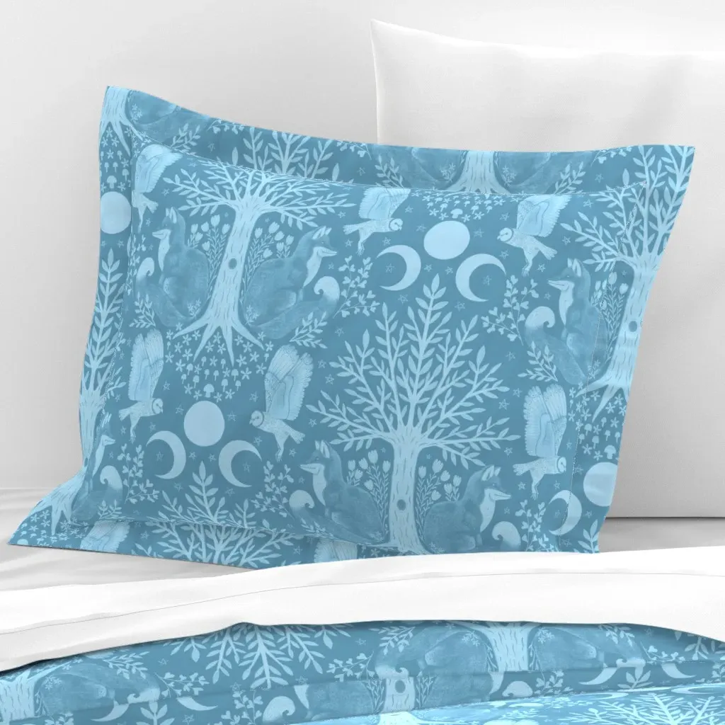 Night In The Forest Foxes & Owls Standard Flanged Cushion Cover - Light Blue, Cotton Sateen product