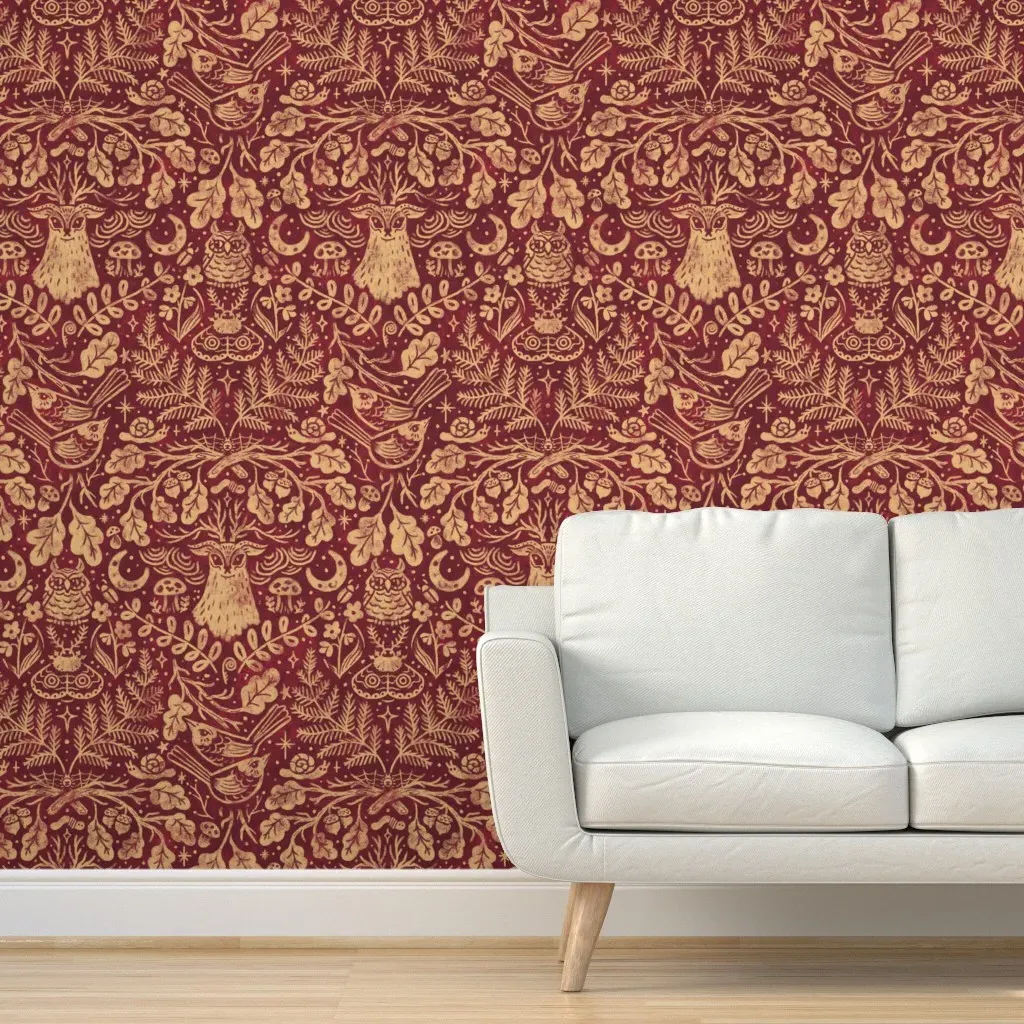 Night In The Forest Woodland Damask Peel and Stick Wallpaper - Claret Wine Red & Gold product