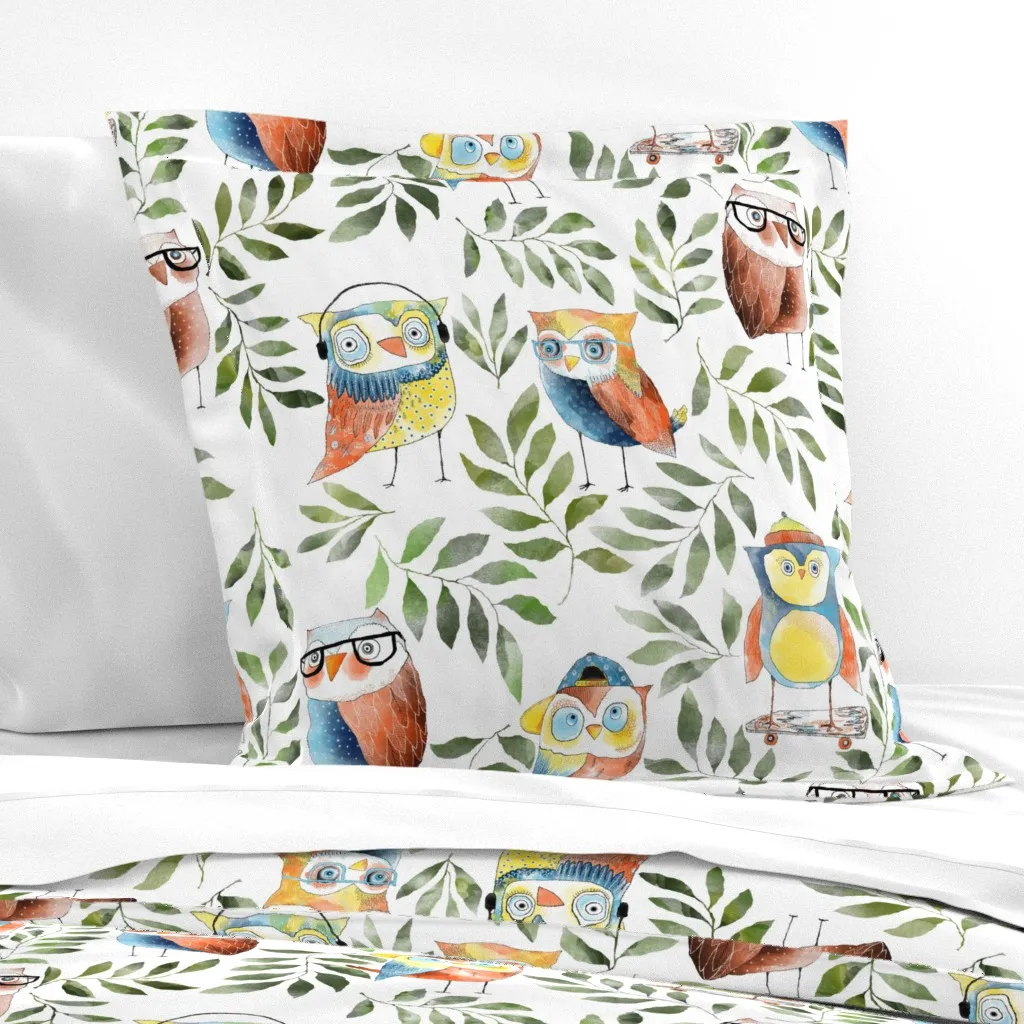 Night Owl Birds Watercolor Spring Olive Green Leaves Euro Pillow Sham - Orange product