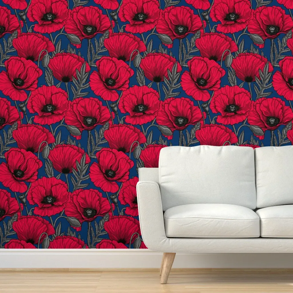 Night Poppy Garden Peel and Stick Wallpaper - Red, Blue product