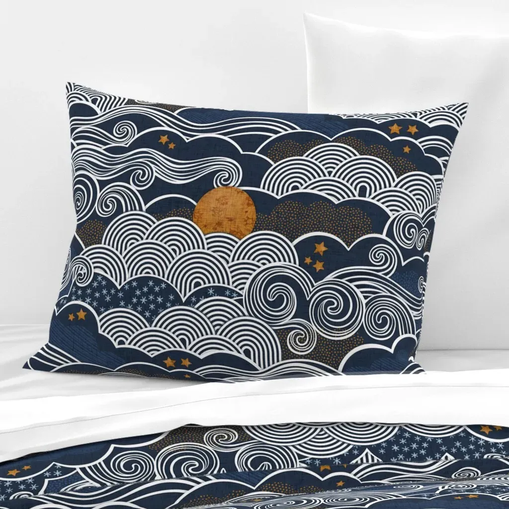 Night Sky Navy Blue Full Moon Stars Standard Pillow - Dark Blue, Cotton Sateen product