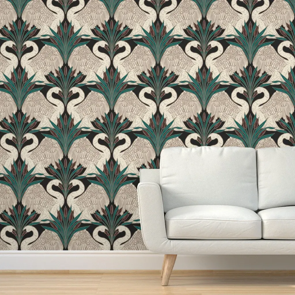 Night Swim Art Deco Swans Peel and Stick Wallpaper - Cream product