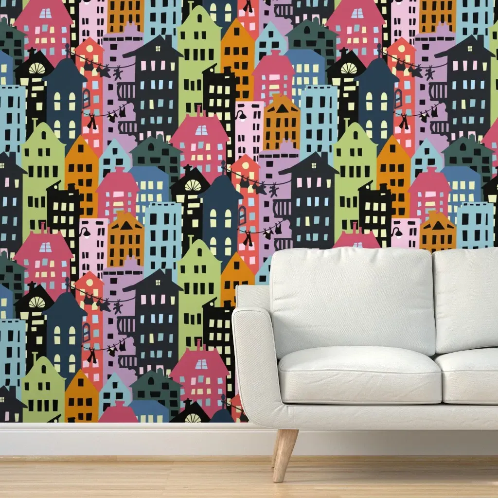 Nightscape City Buildings Peel and Stick Wallpaper - Dark Teal product