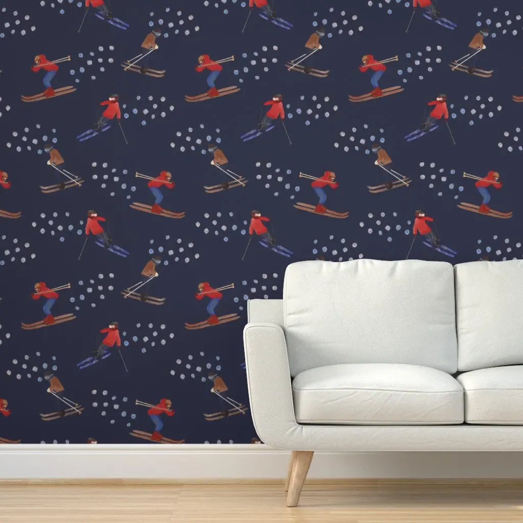 Nighttime Ski Scene Peel and Stick Wallpaper - Red product