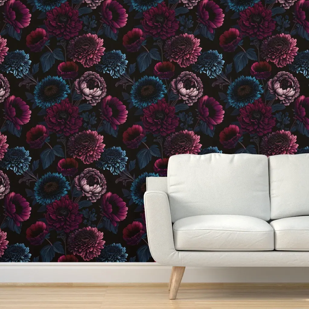 Nocturnal Bloom Gothic Floral Peel and Stick Wallpaper - Deep Pink, Burgundy product