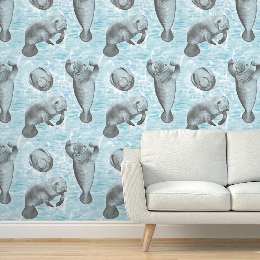 None Is Stronger Than Manatee Peel and Stick Wallpaper - Light Blue product