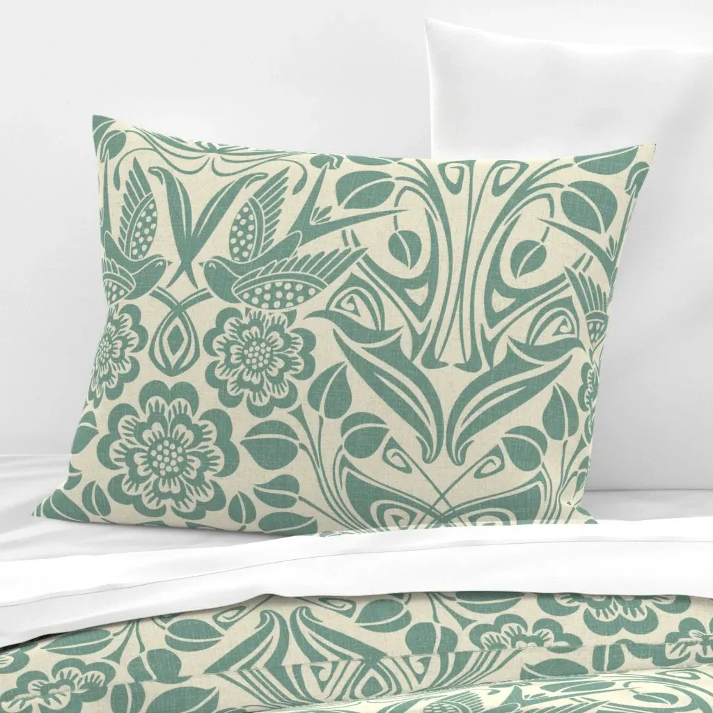 Norah Nouveau Tribal Swallow Damask Standard Pillow - Teal, Cotton Sateen product