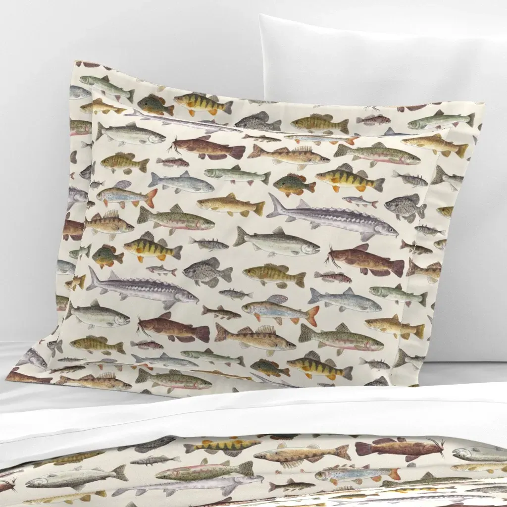 Northwestern Freshwater Fish Flanged Cushion Cover - Beige, Cotton Sateen product