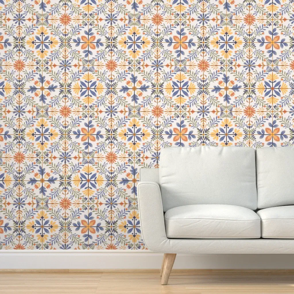 Nostalgic Vintage Tile Peel and Stick Wallpaper - White, Blue, Yellow product
