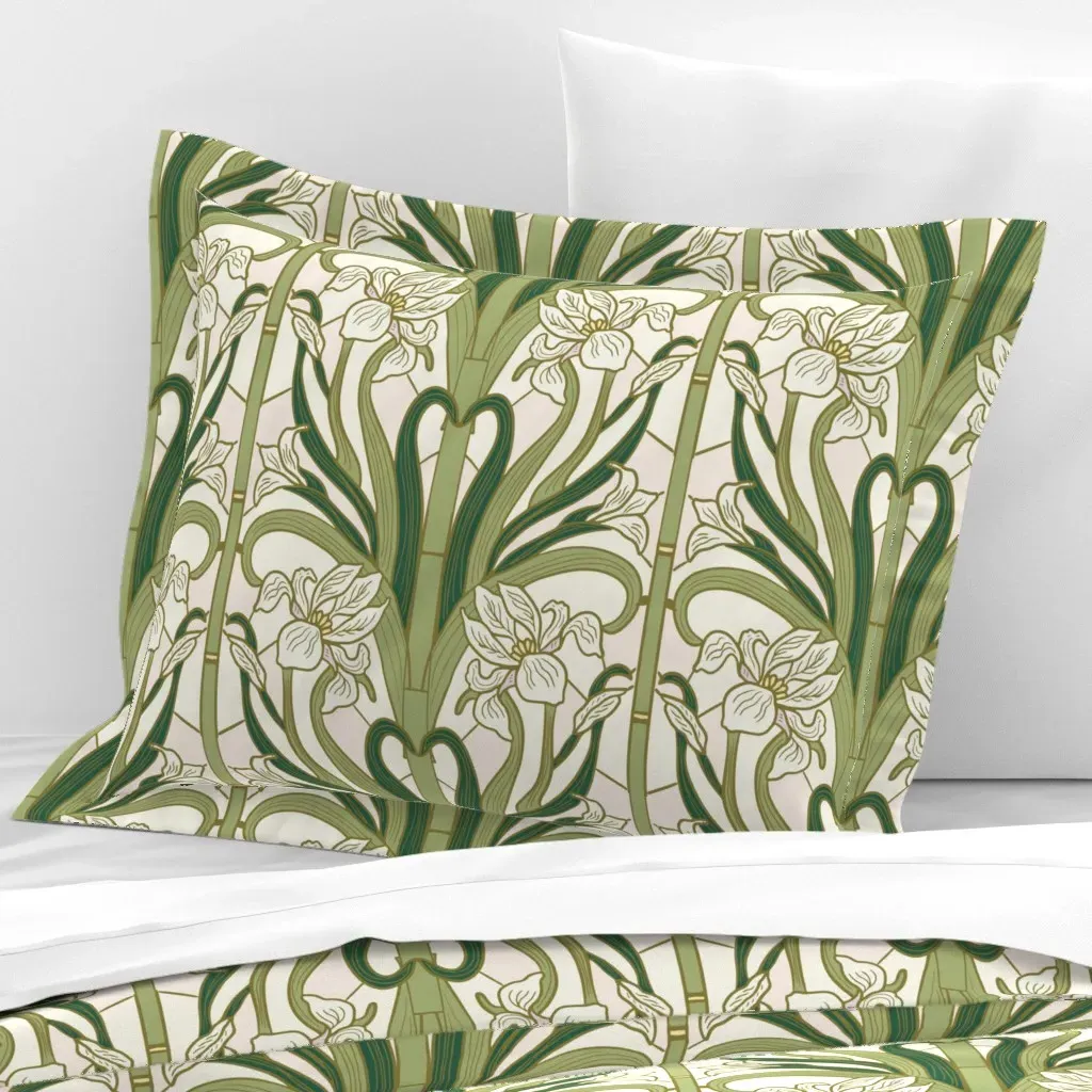 Nouveau Deco Iris Floral Stained Glass Standard Pillow Sham - Green, Cotton Sateen product