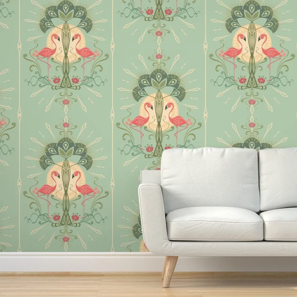 Nouveau Flamingo Peel and Stick Wallpaper - Green, Pink product