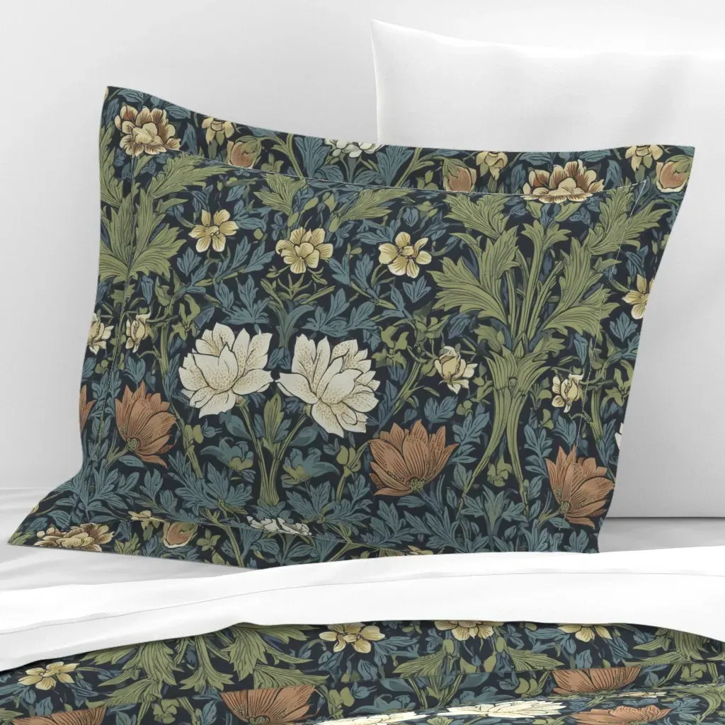 Nouveau Floral Morris Pattern Standard Flanged Cushion - Blue, Cotton Sateen product