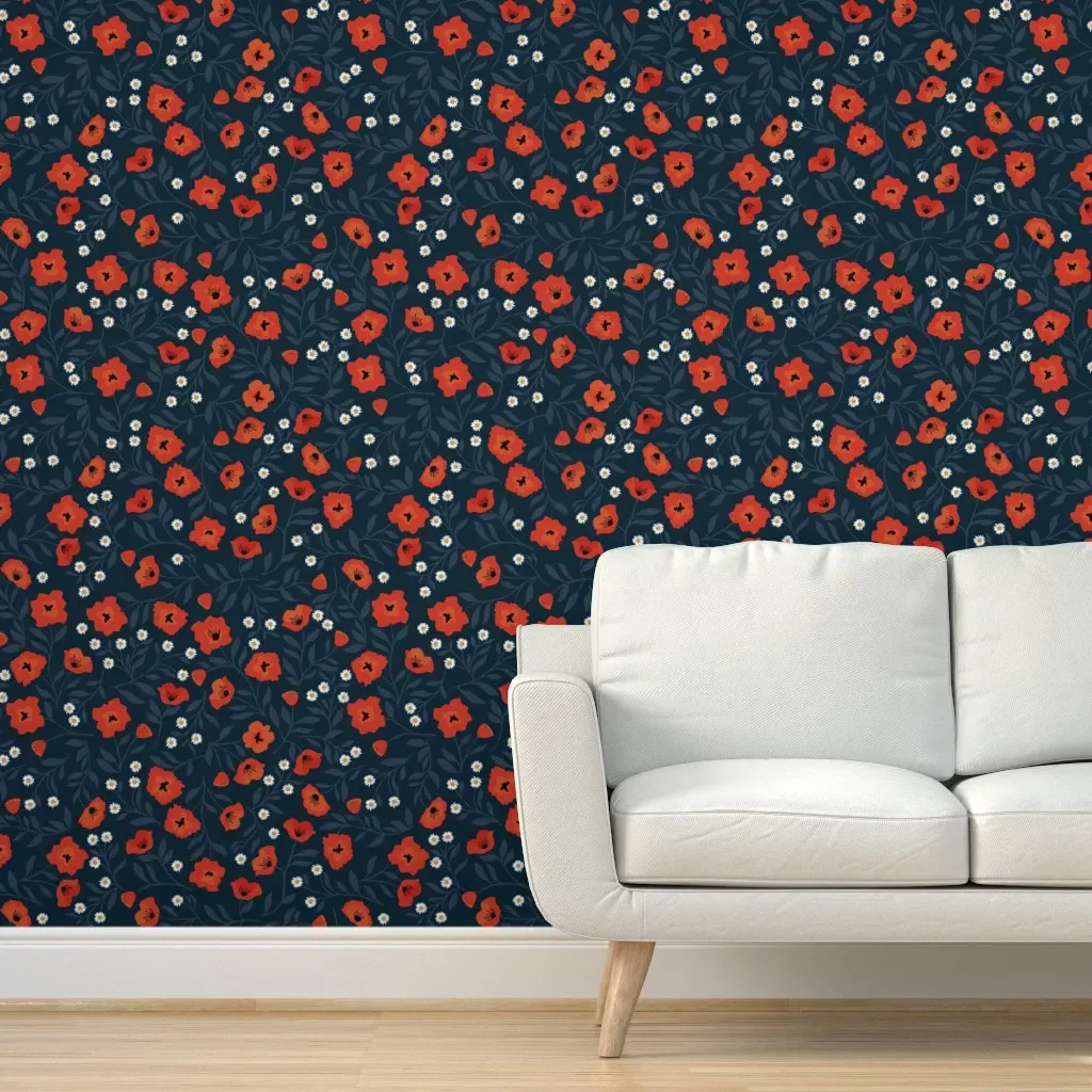 Nouveau Poppy Garden Peel and Stick Wallpaper - Blue, Red, Black product