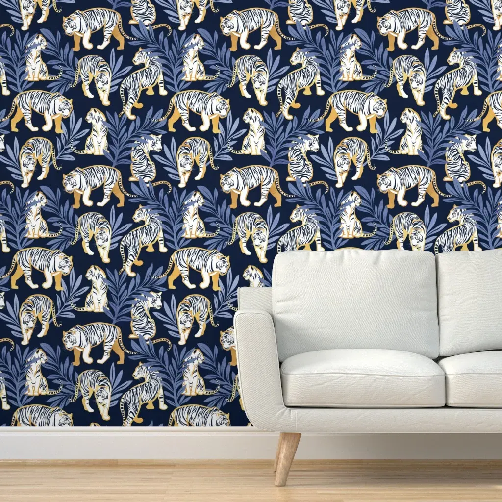 Nouveau White Tigers Peel and Stick Wallpaper - Navy Blue, White product