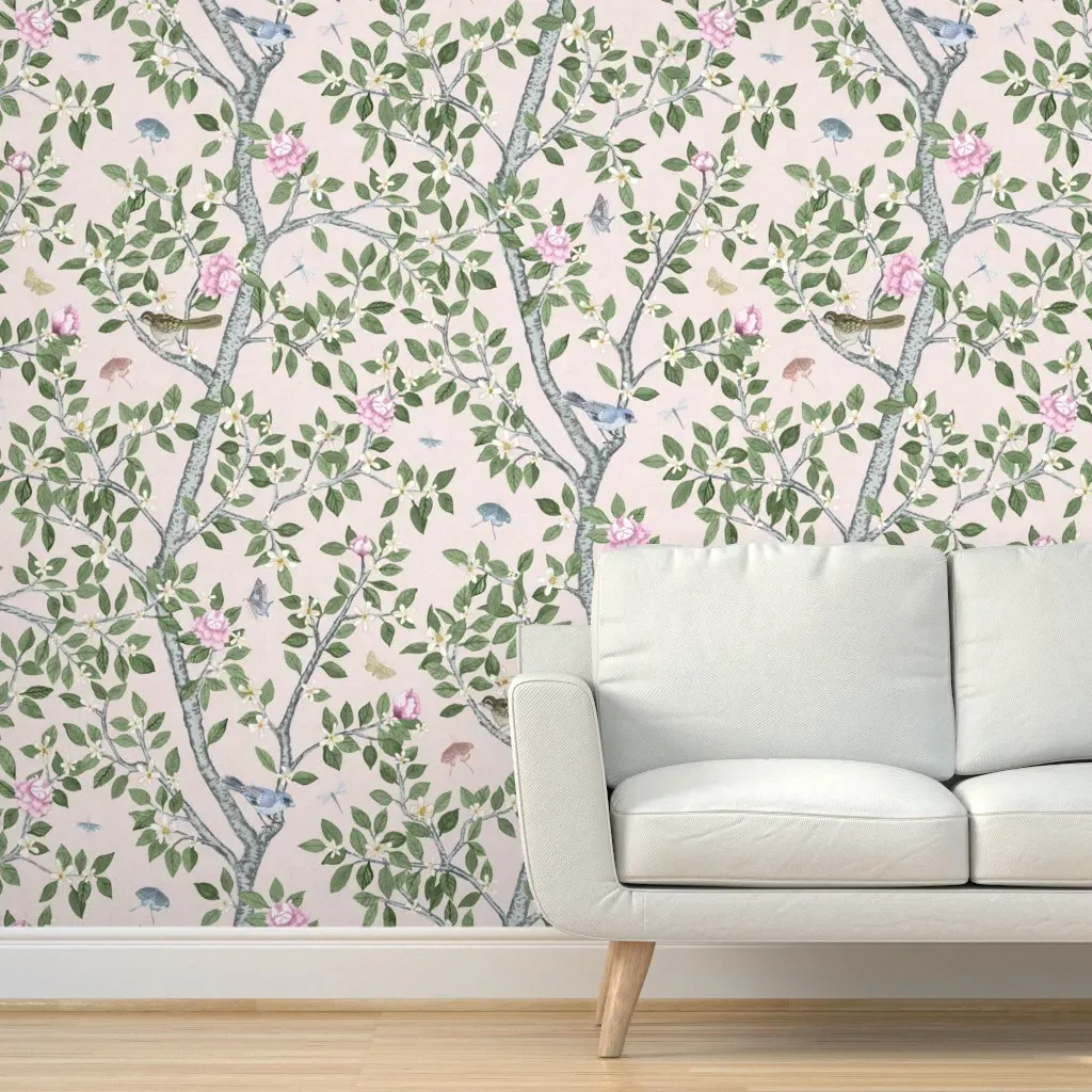 Noveleen Pale Pink Climbing Citrus Grove With Peonies Peel and Stick Wallpaper - Pink product