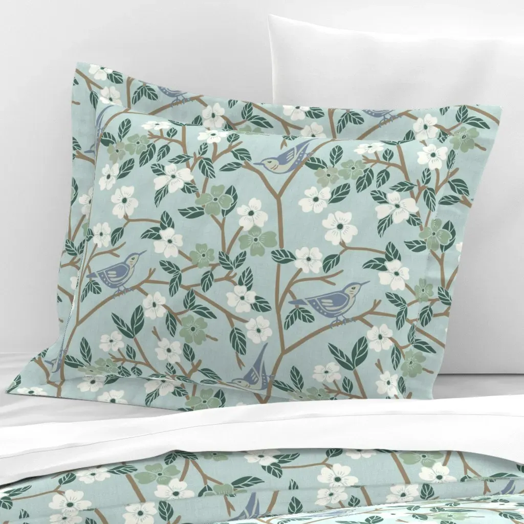 Nuthatch Light Large Wide Standard Flanged Cushion Cover - Light Teal, Cotton Sateen product