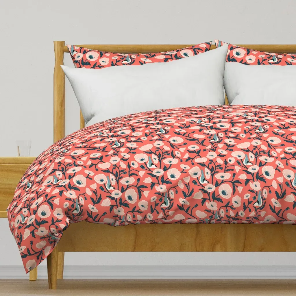Nuthatch With Poppies Medium Duvet Cover - Coral product
