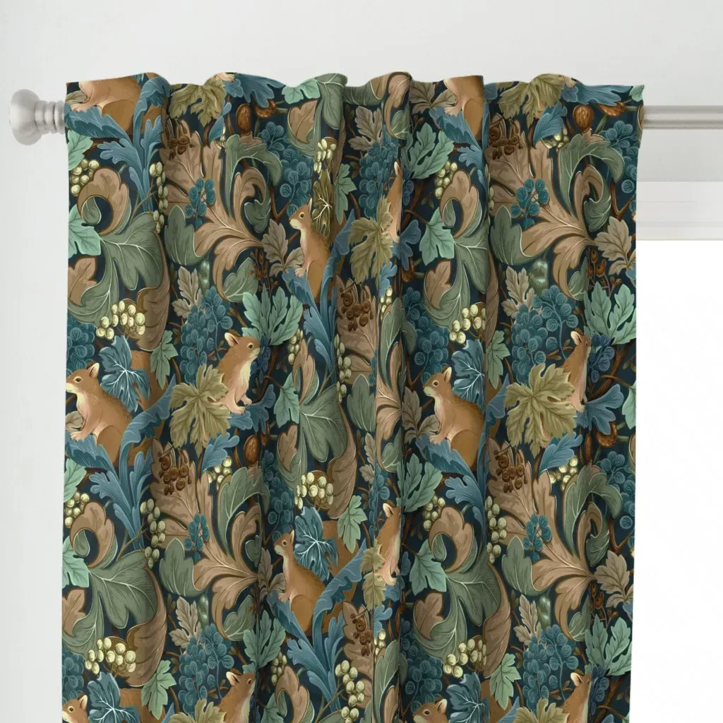 Oak Forest With Squirrels Curtain Panel - Teal alternate view