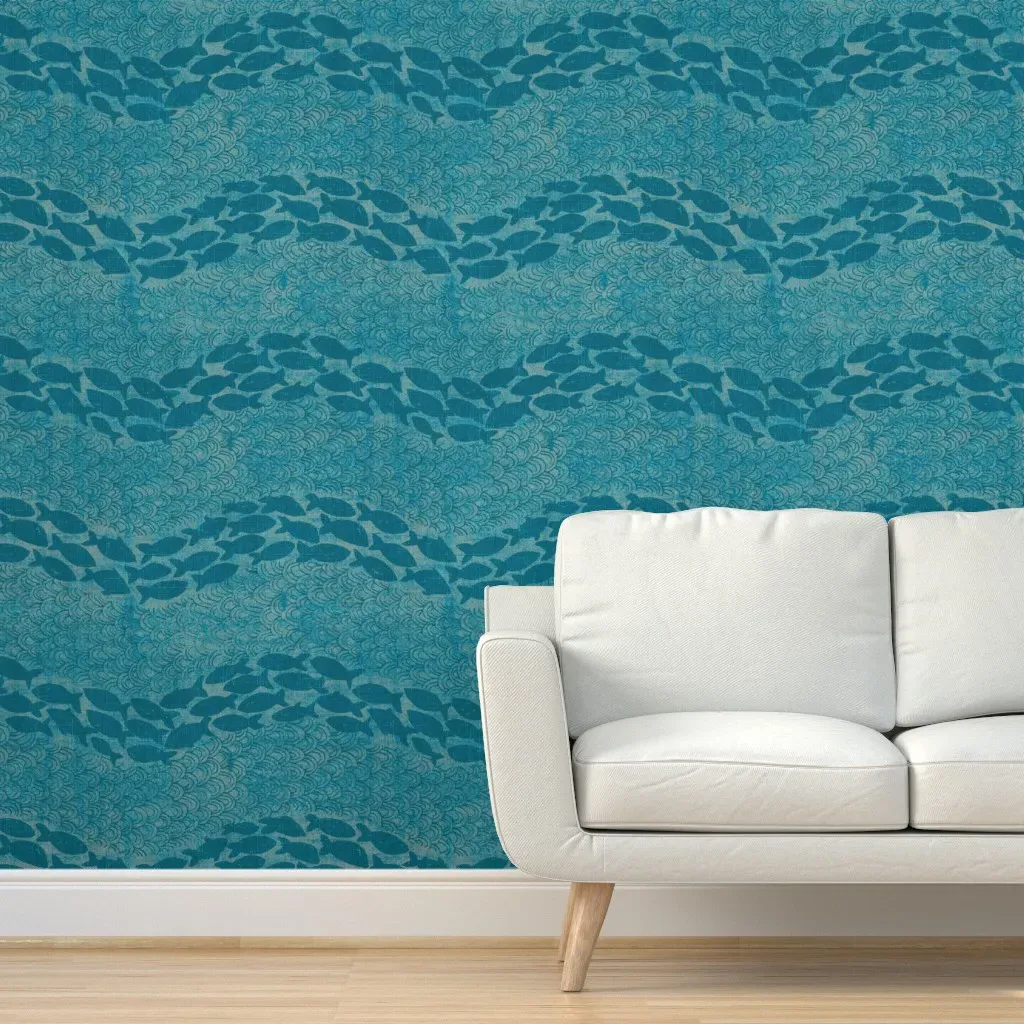 Ocean Life Waves and Fish Nautical Peel and Stick Wallpaper - Teal product