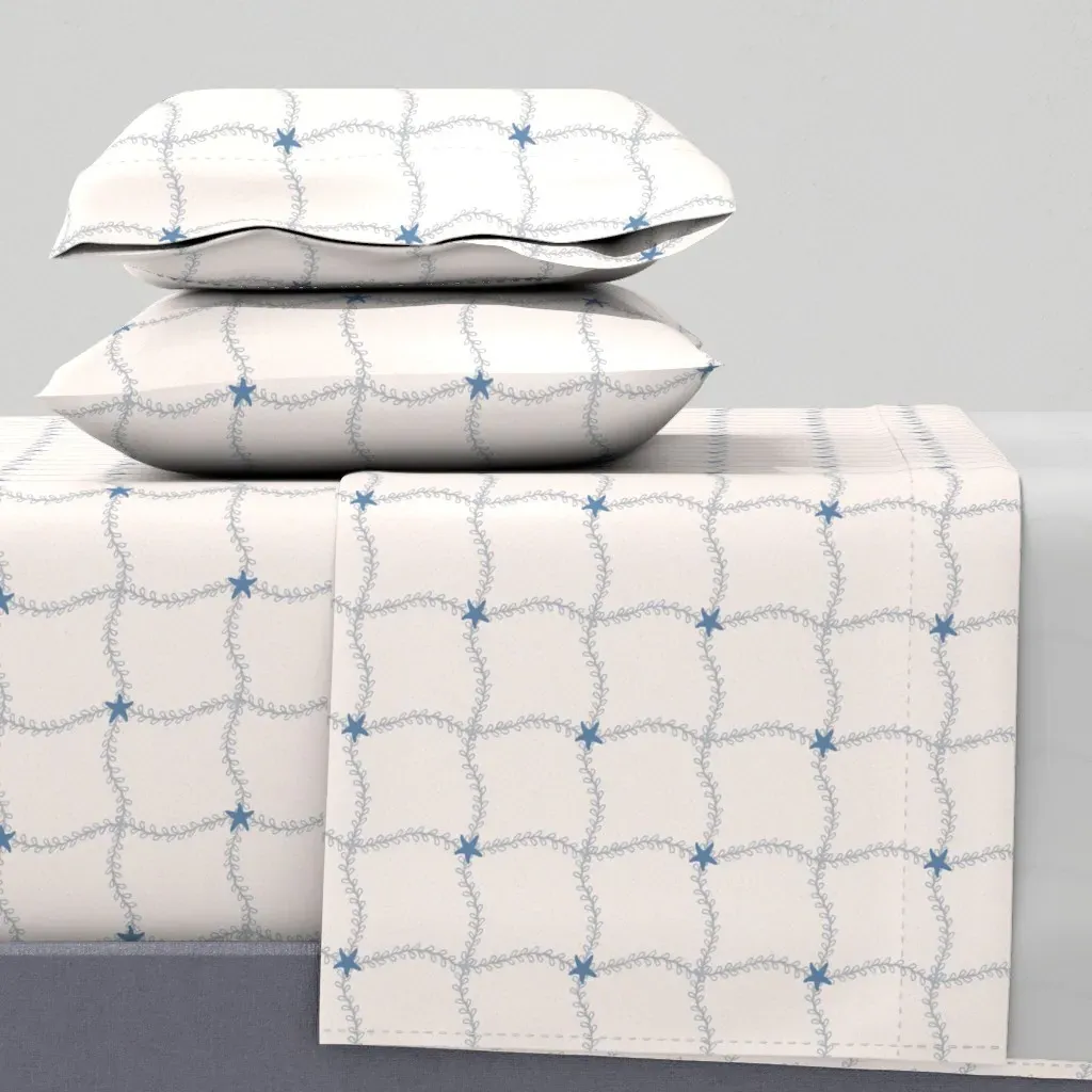 Ocean Vine Netting Wavy Checks Starfish Queen Sheet Set - Dusty Blue product