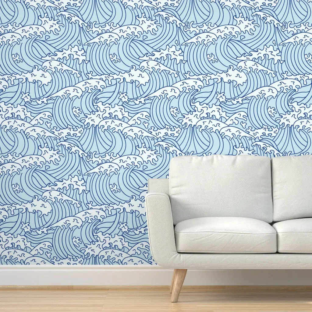 Ocean Waves Japanese Tsunami Peel and Stick Wallpaper - Light Blue product