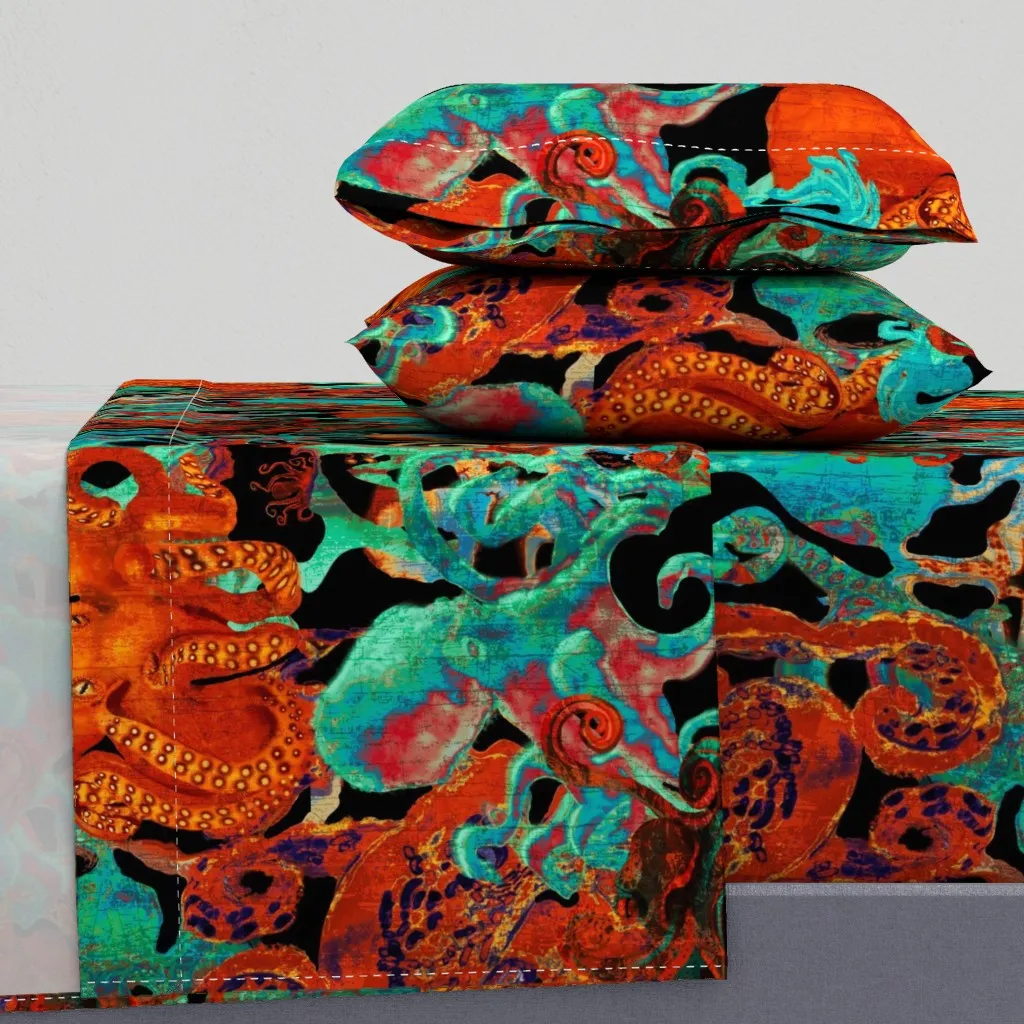 Octopus Fantasy Large Scale King Sheet Set - Crimson Teal & Black product