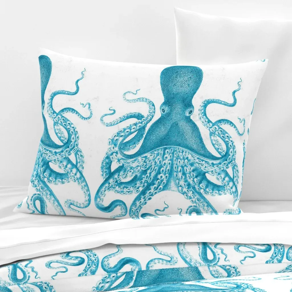 Octopus Navy Wide Cotton Sateen Standard Pillow - Aqua product
