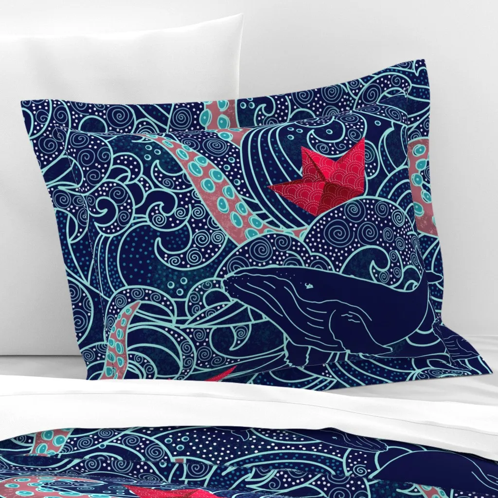 Octopus Ocean Playground Standard Flanged Cushion Cover - Dark Blue, Cotton Sateen product