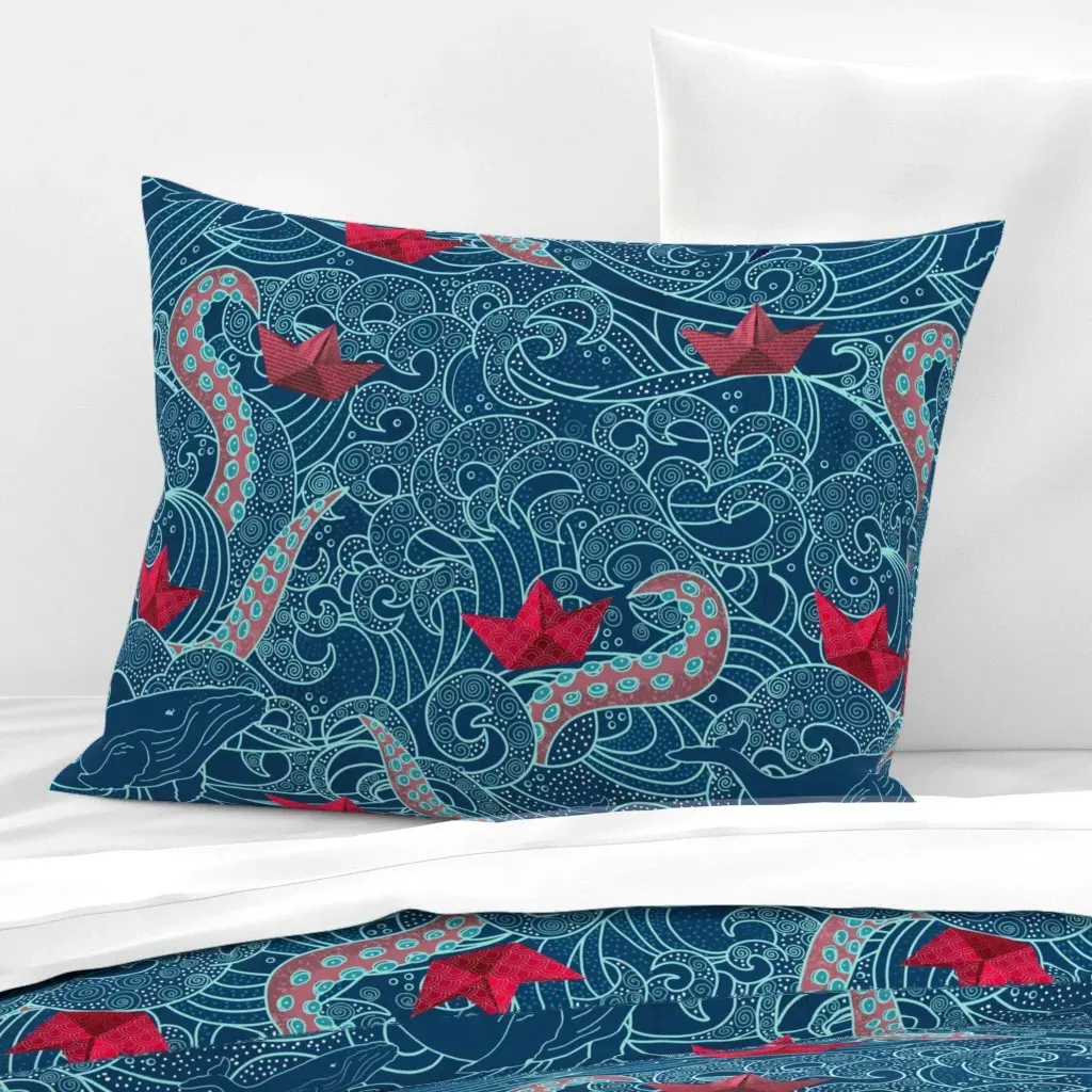 Octopus Ocean Playground Standard Knife Edge Pillow - Dark Teal, Cotton Sateen product