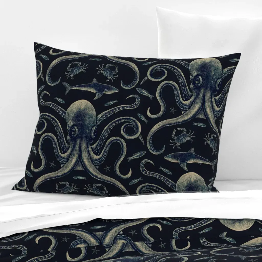 Octopus Shark & Crab Damask Standard Knife Edge Pillow - Dark Blue, Cotton Sateen product