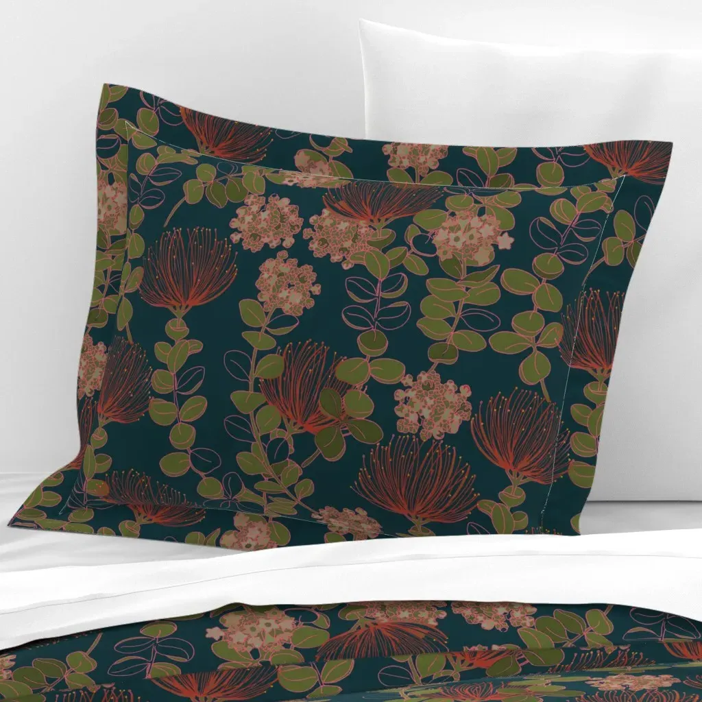 Ohia Lehua Red On Teal Standard Flanged Pillowcase - Crimson Red, Cotton Sateen product