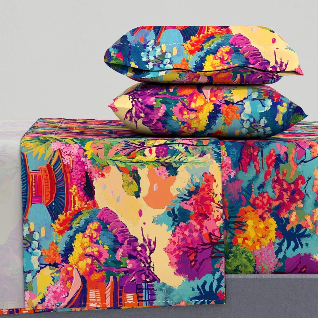 Oil Paint Japanese Garden Sundown King Sheet Set - Pink product