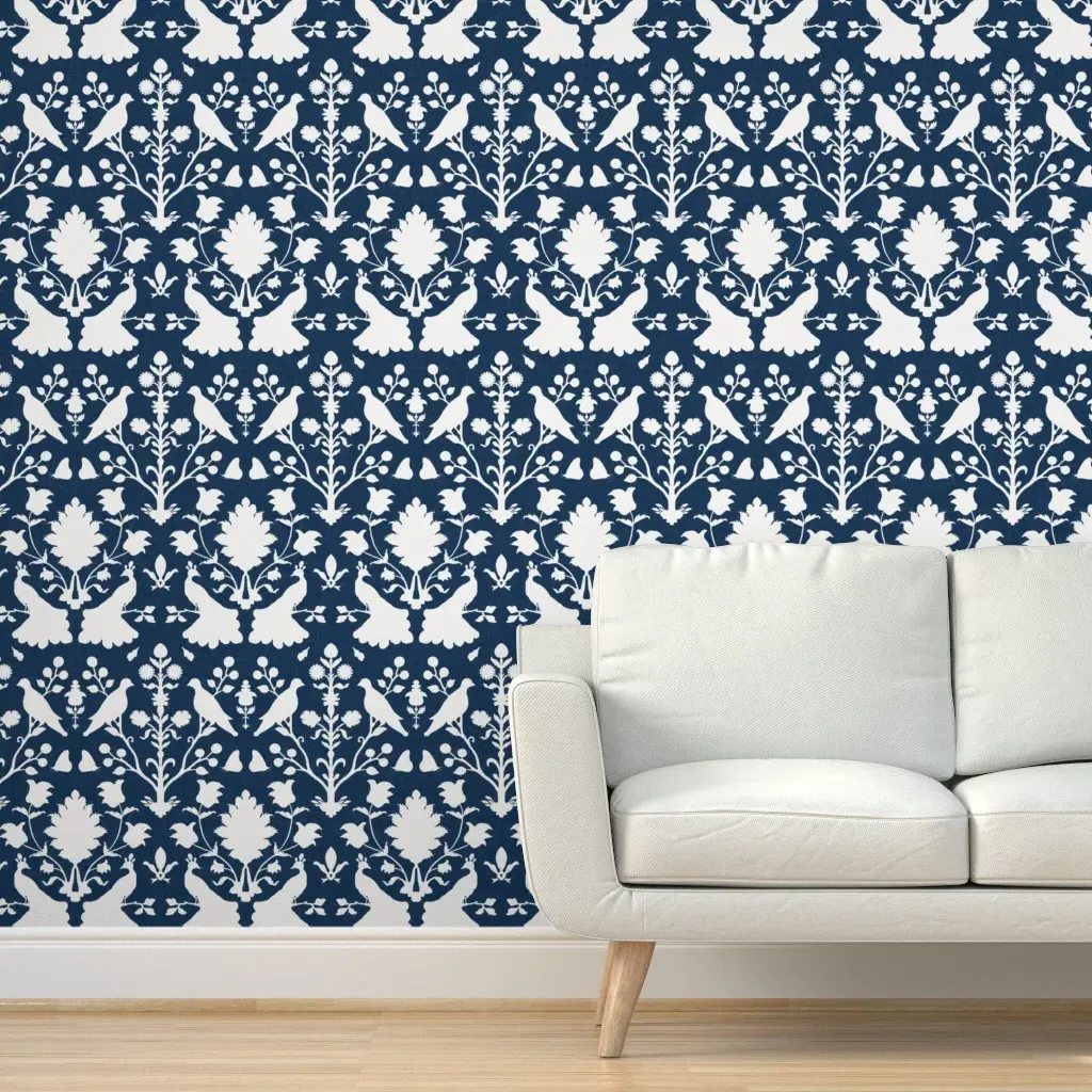 Oiseaux Peel and Stick Wallpaper - Navy, Linen product