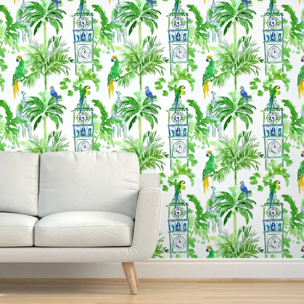 Old Clock Tower In The Jungle Peel and Stick Wallpaper - White, Green product