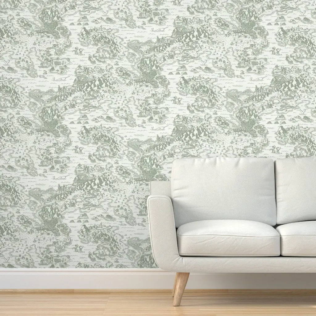 Old Fantasy Map Happy Sea Monsters Peel and Stick Wallpaper - Sage Green product