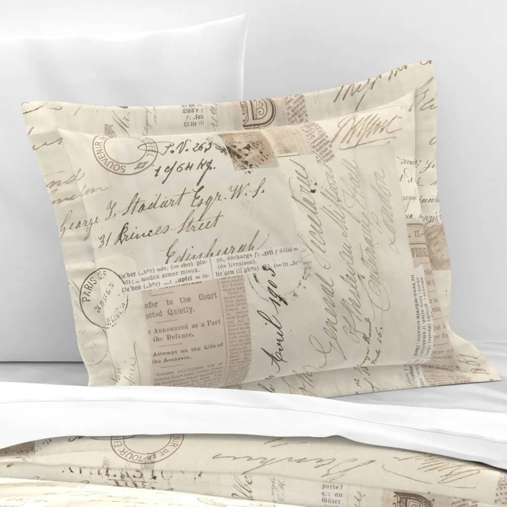 Old Letters And Postcards Vintage Collage Standard Flanged Cushion Cover - Beige, Cotton Sateen product