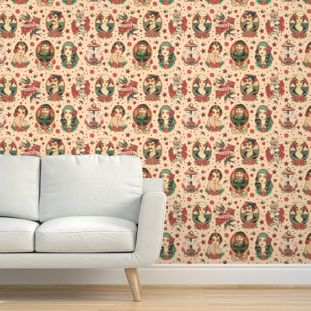 Old School Tattoo Peel and Stick Wallpaper - Beige product