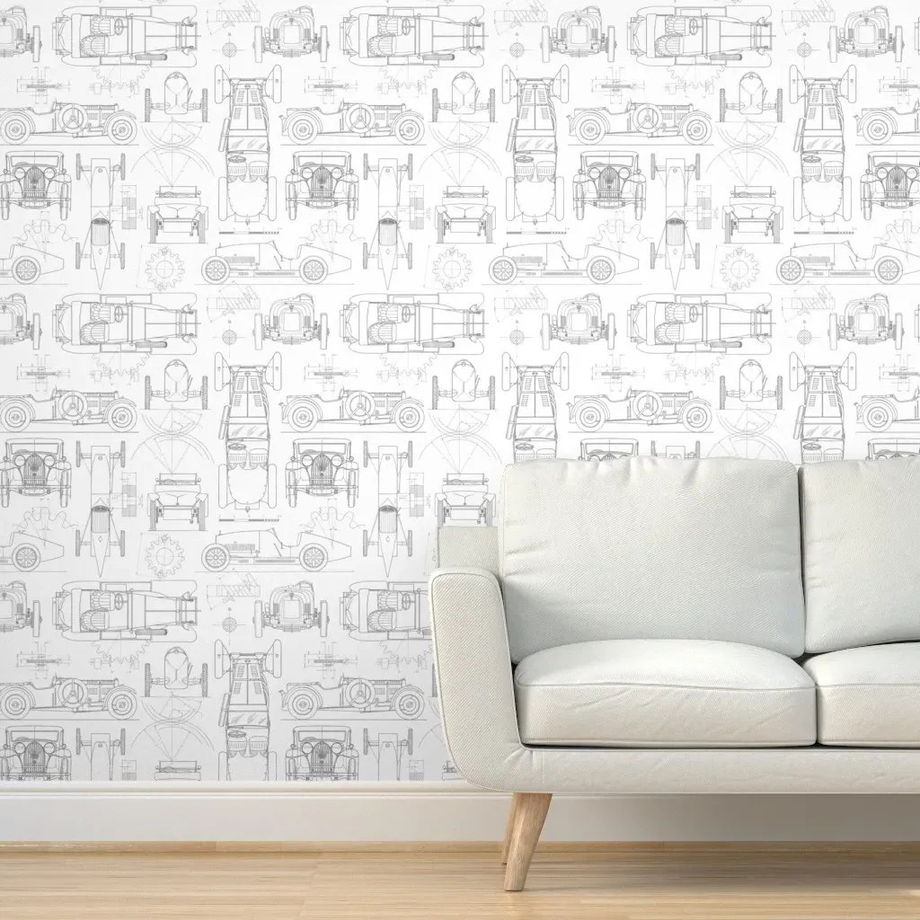 Oldtimer Race Cars Blueprint Peel and Stick Wallpaper - Grey product