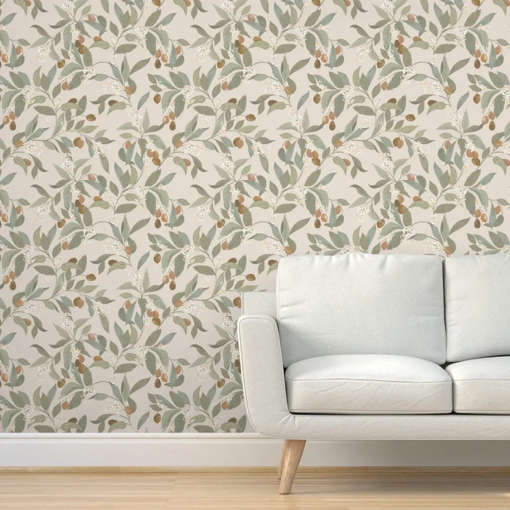 Olive Branches Kumquats Peel and Stick Wallpaper - Taupe, Olive Green product