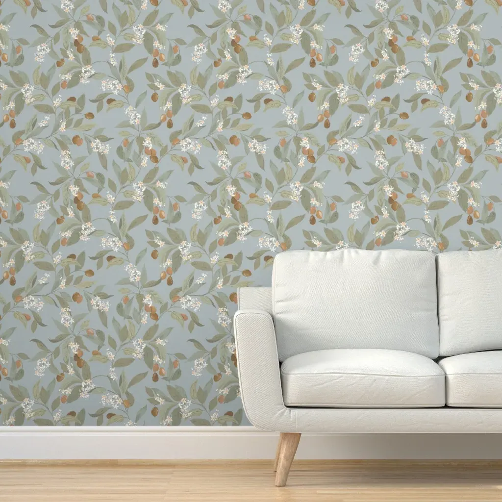 Olive Branches Peel and Stick Wallpaper - Dusty Blue product