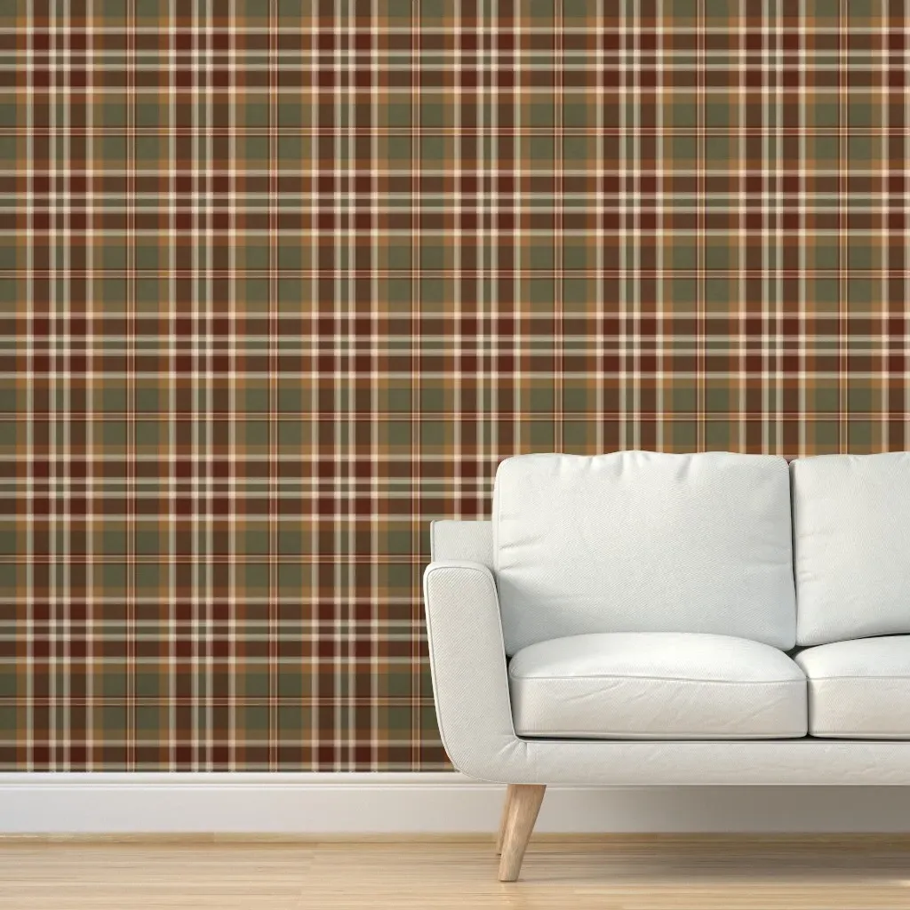 Olive Rust Plaid Twill Weave Peel and Stick Wallpaper - Dark Olive Green product
