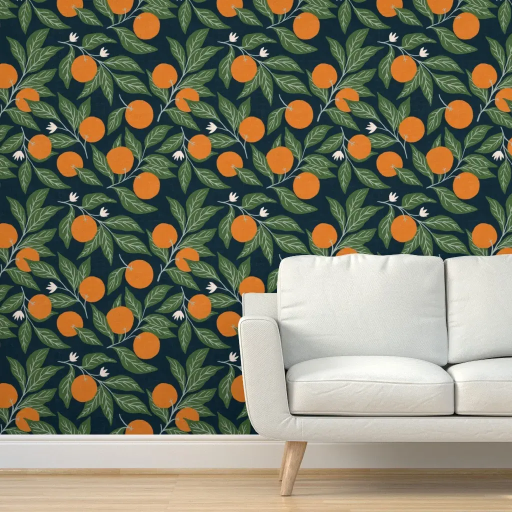 Orange Blossoms Large Peel and Stick Wallpaper - Midnight Blue product