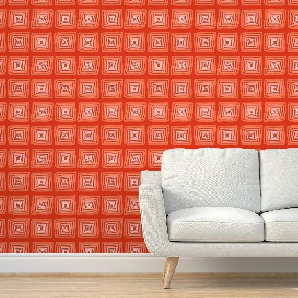Orange Monochromatic Hand Drawn Checks Peel and Stick Wallpaper - Coral product