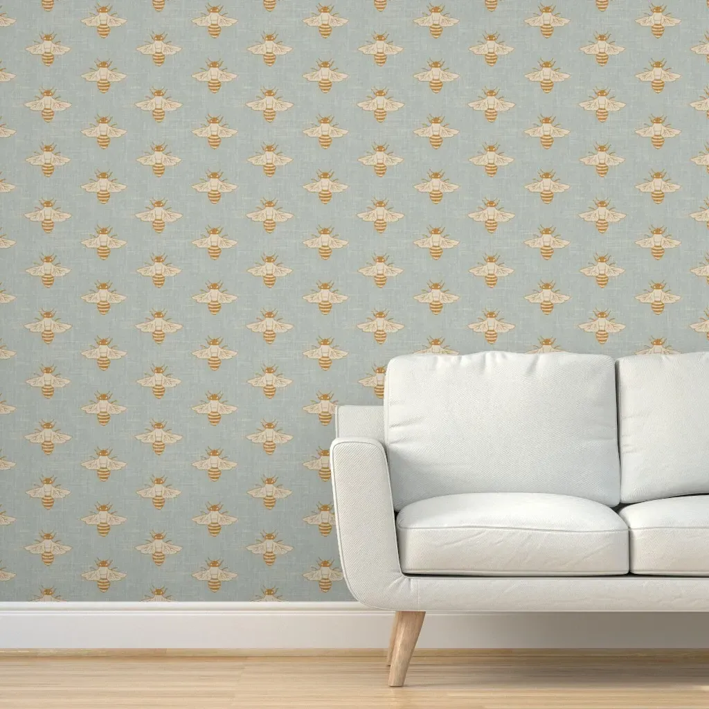 Orange Orchard Honeybee Peel and Stick Wallpaper - Pale Blue, Orange product