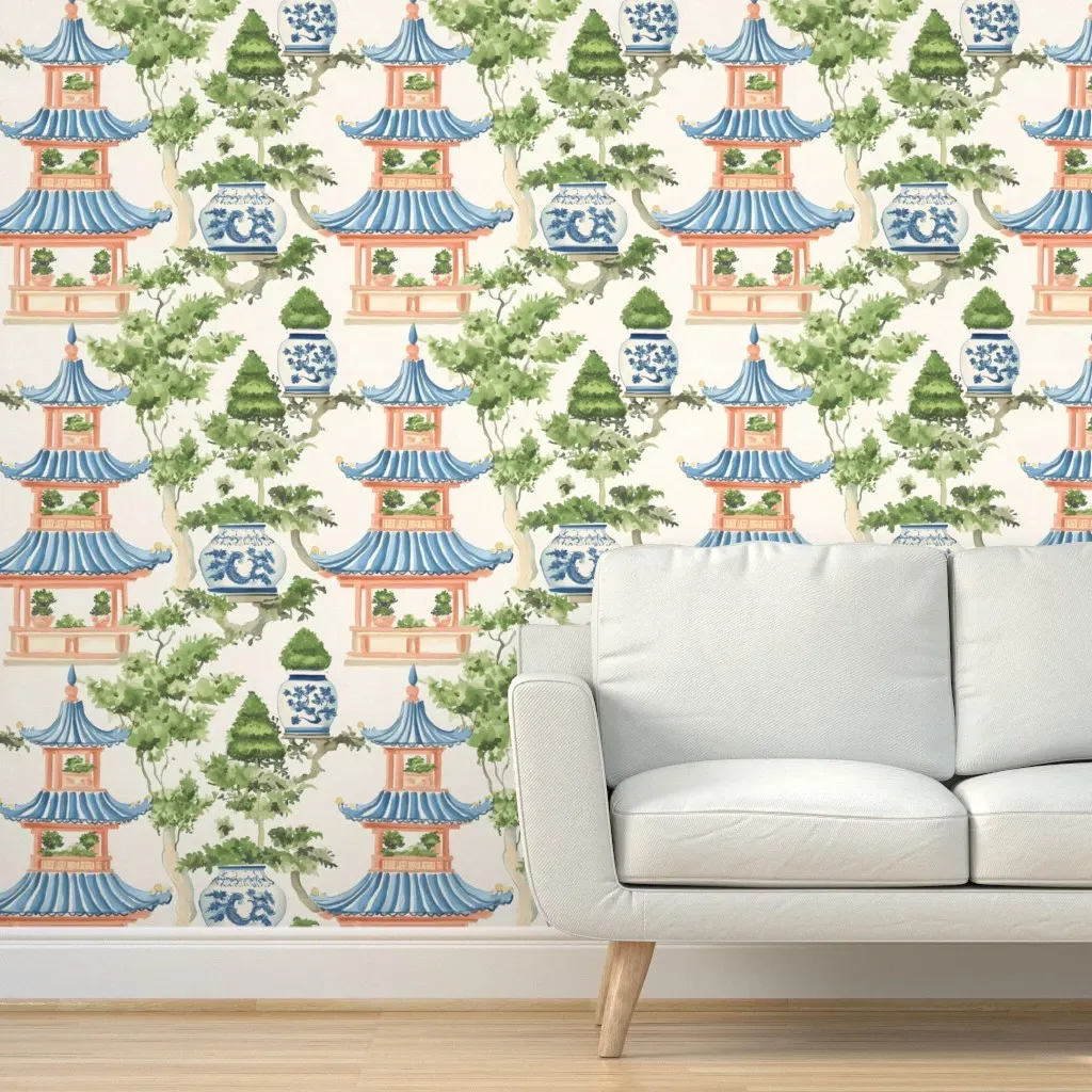 Orange Pagoda Garden & Topiaries Peel and Stick Wallpaper - Blue product
