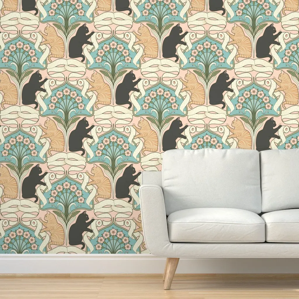 Orange Tabby & Black Cats Art Nouveau Peel and Stick Wallpaper - Beige product