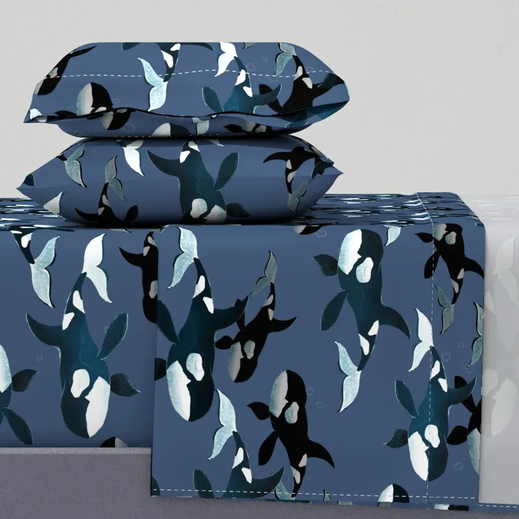 Orcas On Blue Larger Scale Twin Sheet Set - Black product