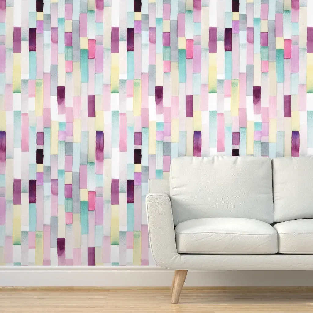 Organic Hand Painted Watercolor Stripe Peel and Stick Wallpaper - Plum Lilac Teal Pink product