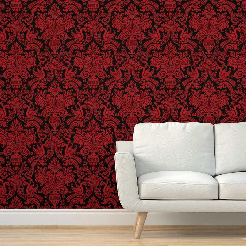 Orkney Damask Faux Flocked Peel and Stick Wallpaper - Crimson Red product